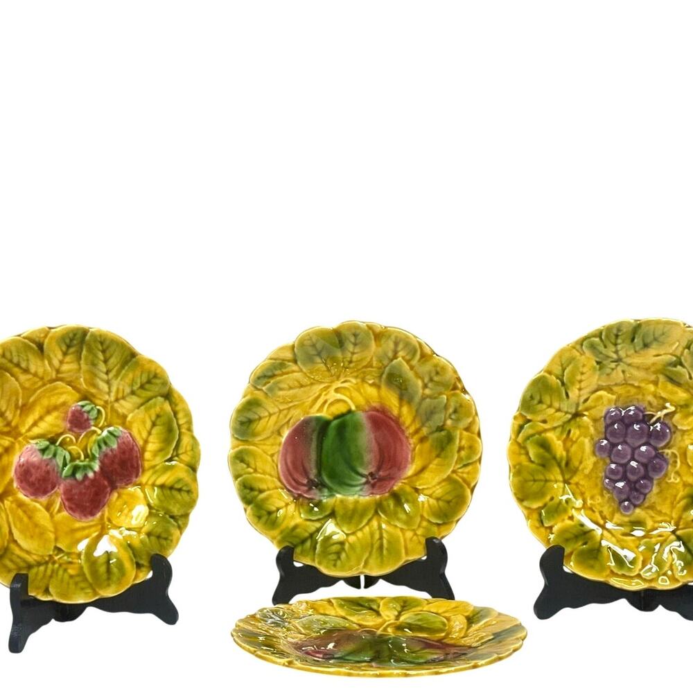 Sarreguemines France Antique 1920-1950 Majolica Fruit Dessert Plates-Set of 4